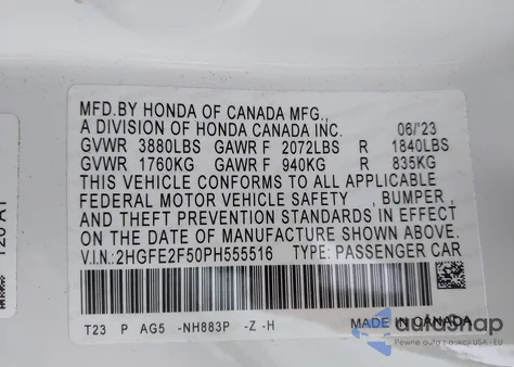 2023 Honda Civic Sport из США, поврежденный, VIN 2HGFE2F50PH555516